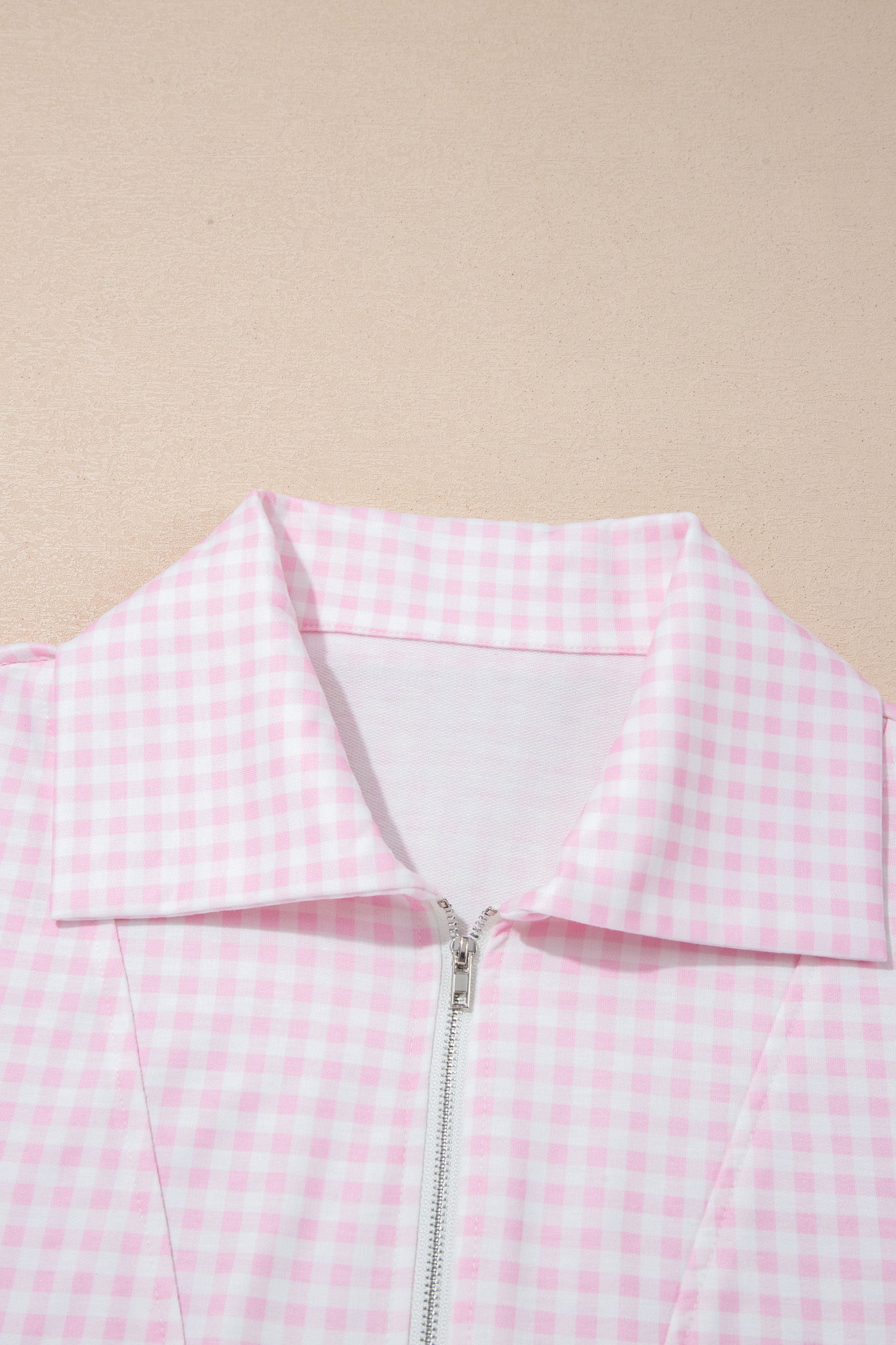 Pink Plaid Zip Neck Sleeveless Top Elastic Waist Shorts Casual Two Piece Short Set-Two Piece Sets/Short Sets-[Adult]-[Female]-2022 Online Blue Zone Planet