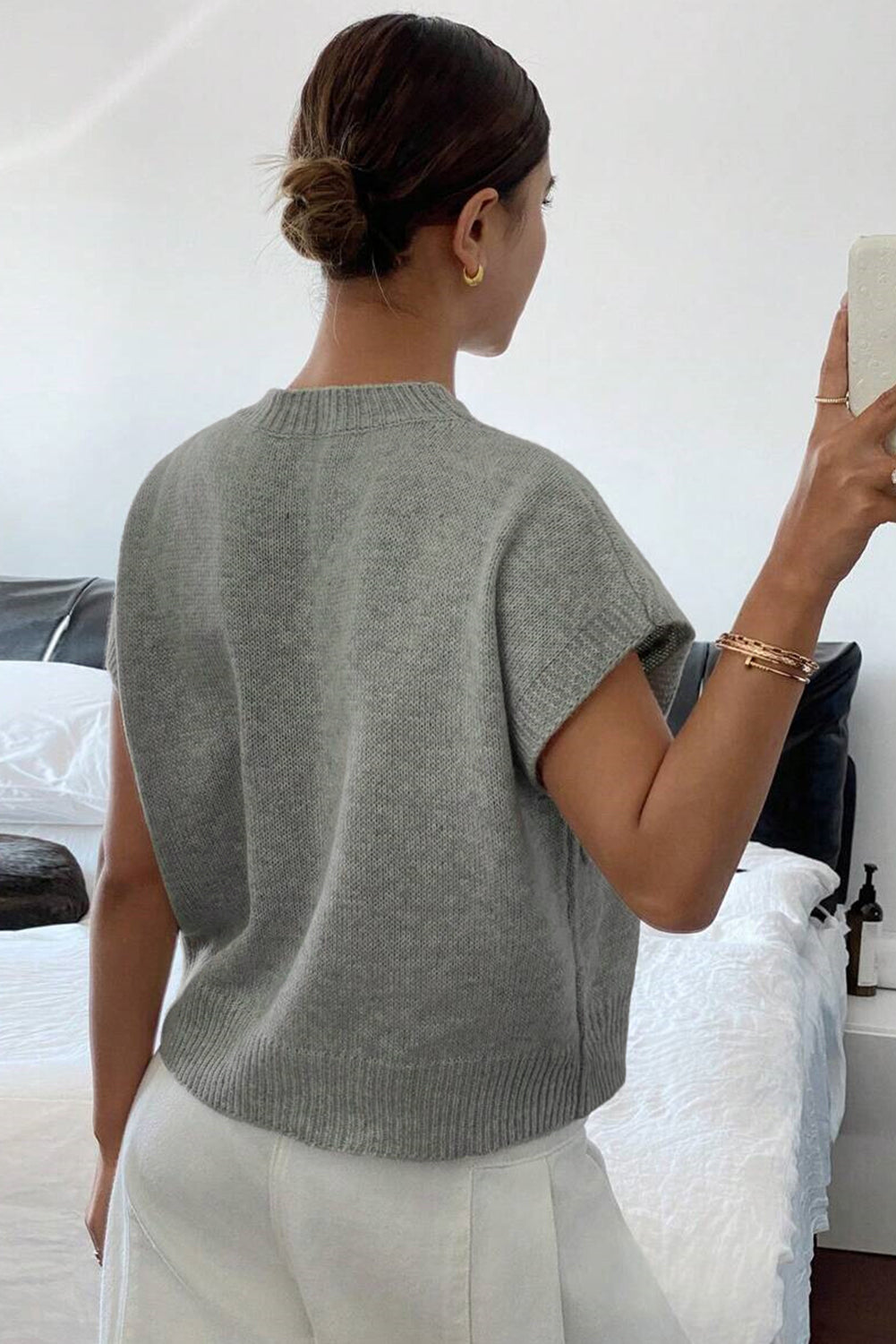 High Flower Pattern Ribbed Trim Short Sleeve Boxy Sweater-TOPS / DRESSES-[Adult]-[Female]-2022 Online Blue Zone Planet