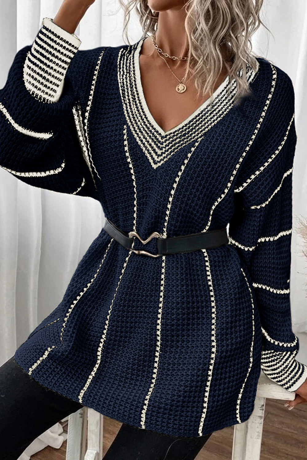 Striped V-Neck Dropped Shoulder Sweater-TOPS / DRESSES-[Adult]-[Female]-2022 Online Blue Zone Planet