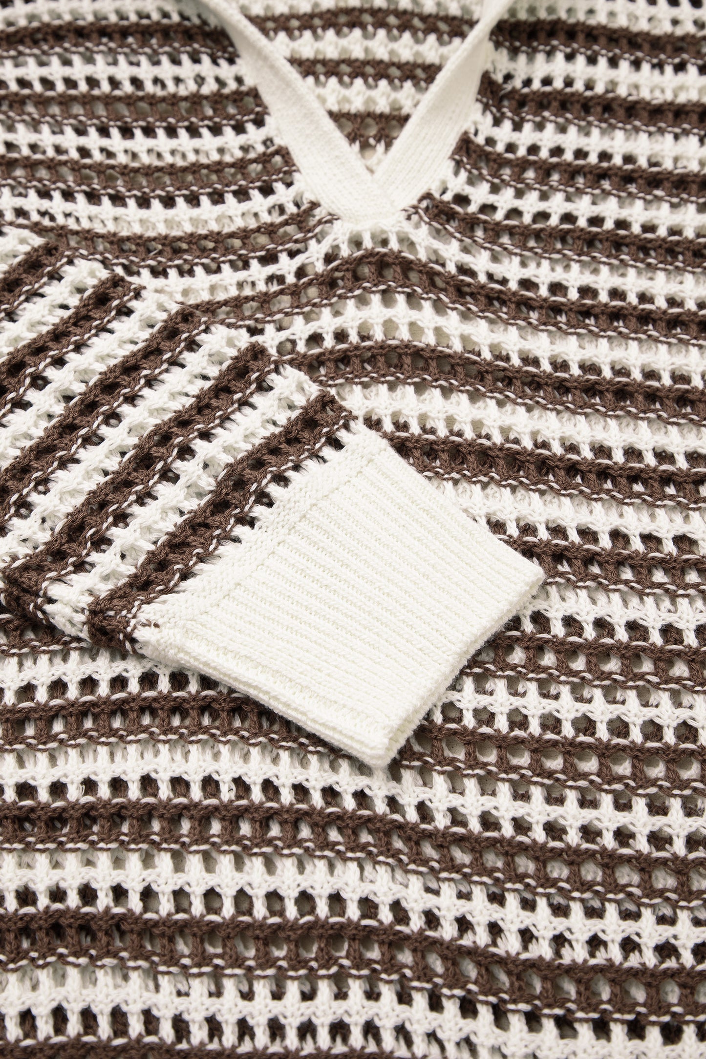 Brown Stripe Eyelet Hollow-out Contrast Collared Pullover Chic Sweater-TOPS / DRESSES-[Adult]-[Female]-2022 Online Blue Zone Planet
