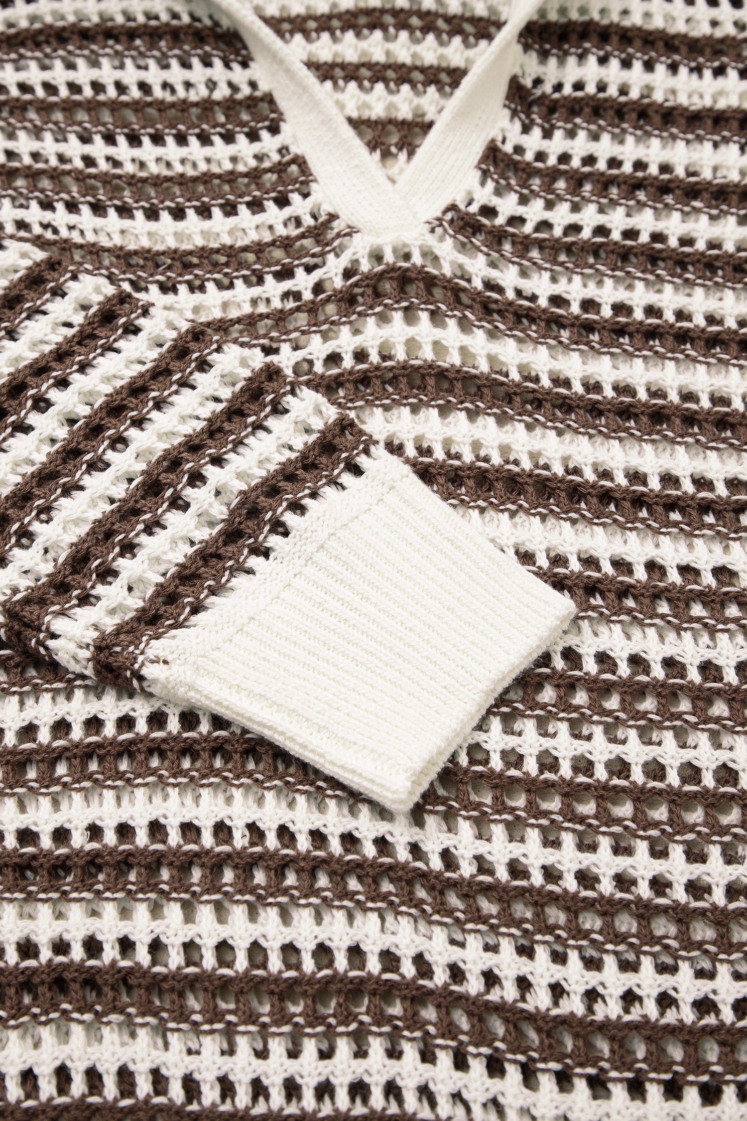 Brown Stripe Eyelet Hollow-out Contrast Collared Pullover Chic Sweater-TOPS / DRESSES-[Adult]-[Female]-2022 Online Blue Zone Planet