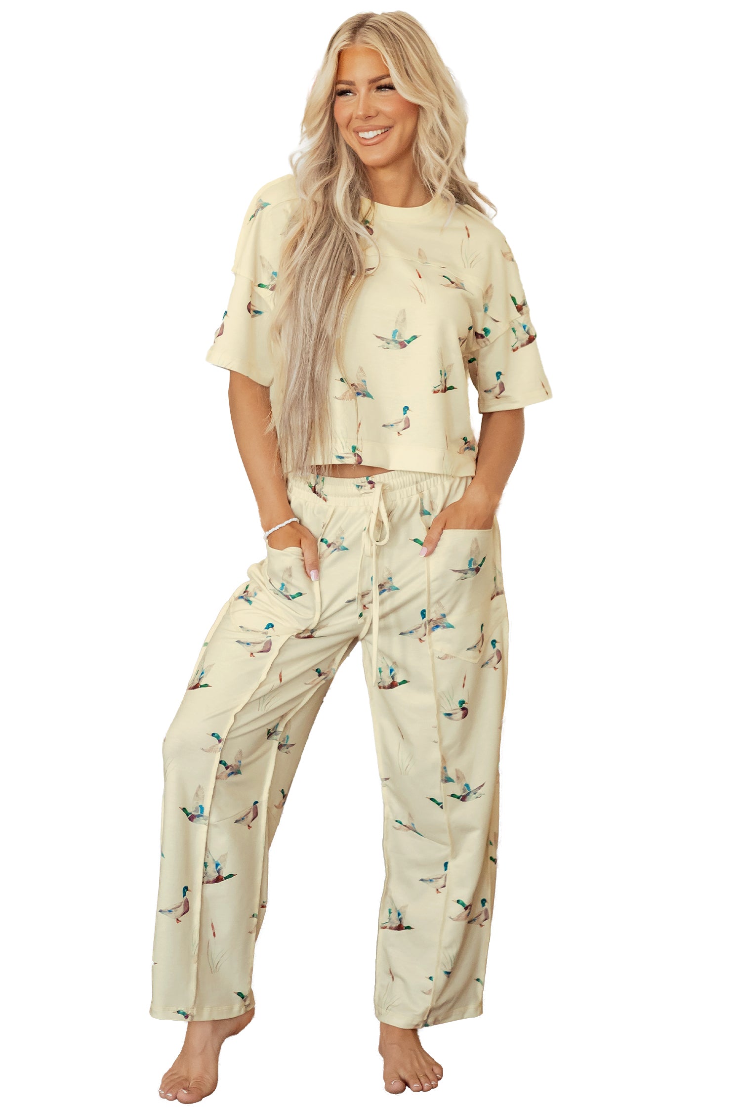 Beige Duck Print Short Sleeve Top Pocket Pants 2pcs Casual Set-Two Piece Sets/Pant Sets-[Adult]-[Female]-2022 Online Blue Zone Planet