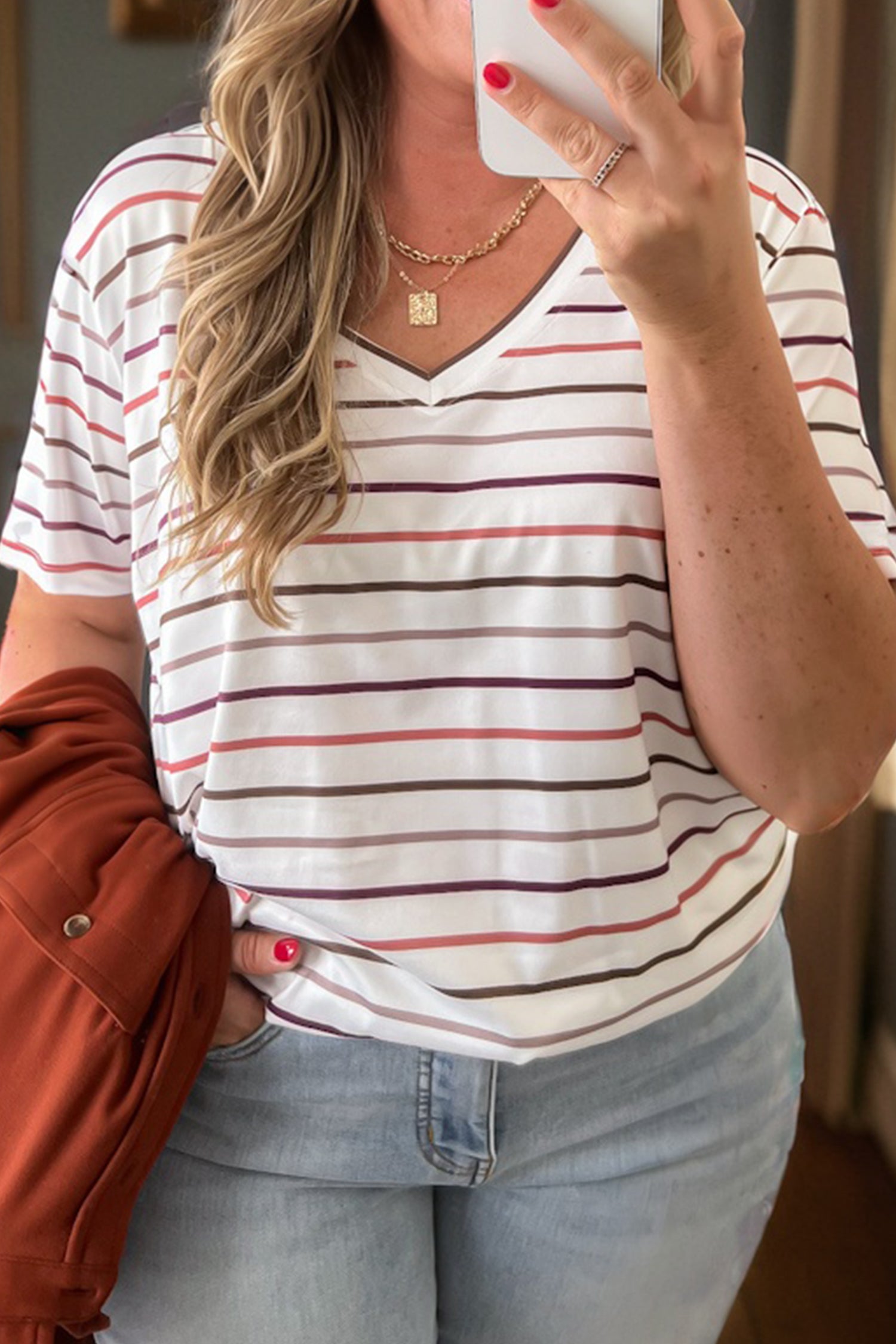 White Stripe V Neck Casual Plus Size Tee-Plus Size/Plus Size Tops/Plus Size Tops & Tees-[Adult]-[Female]-2022 Online Blue Zone Planet