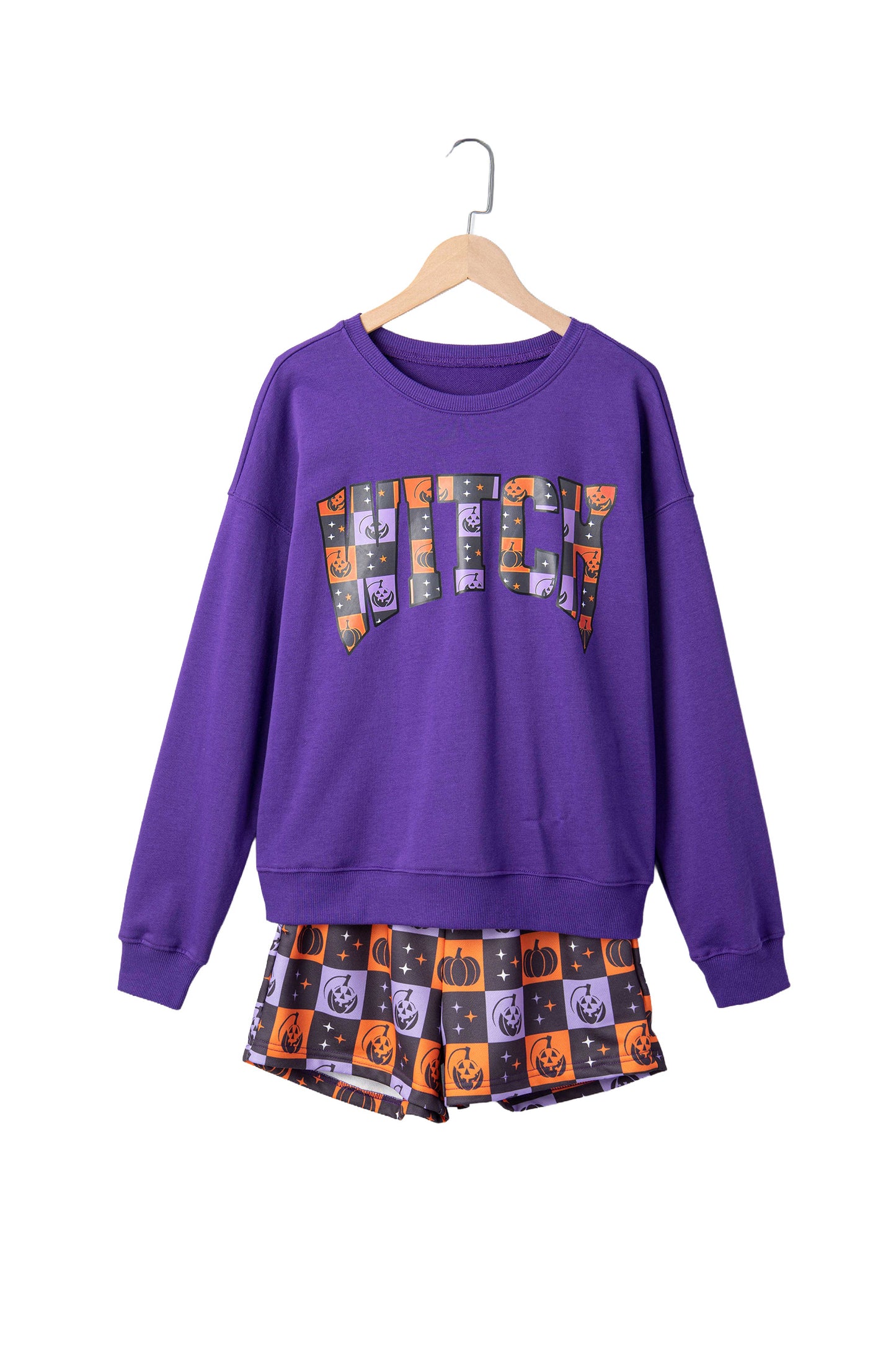Orange Witch Letter Print Long Sleeve Top Checkered Elastic Waist Shorts Set-Two Piece Sets/Short Sets-[Adult]-[Female]-2022 Online Blue Zone Planet