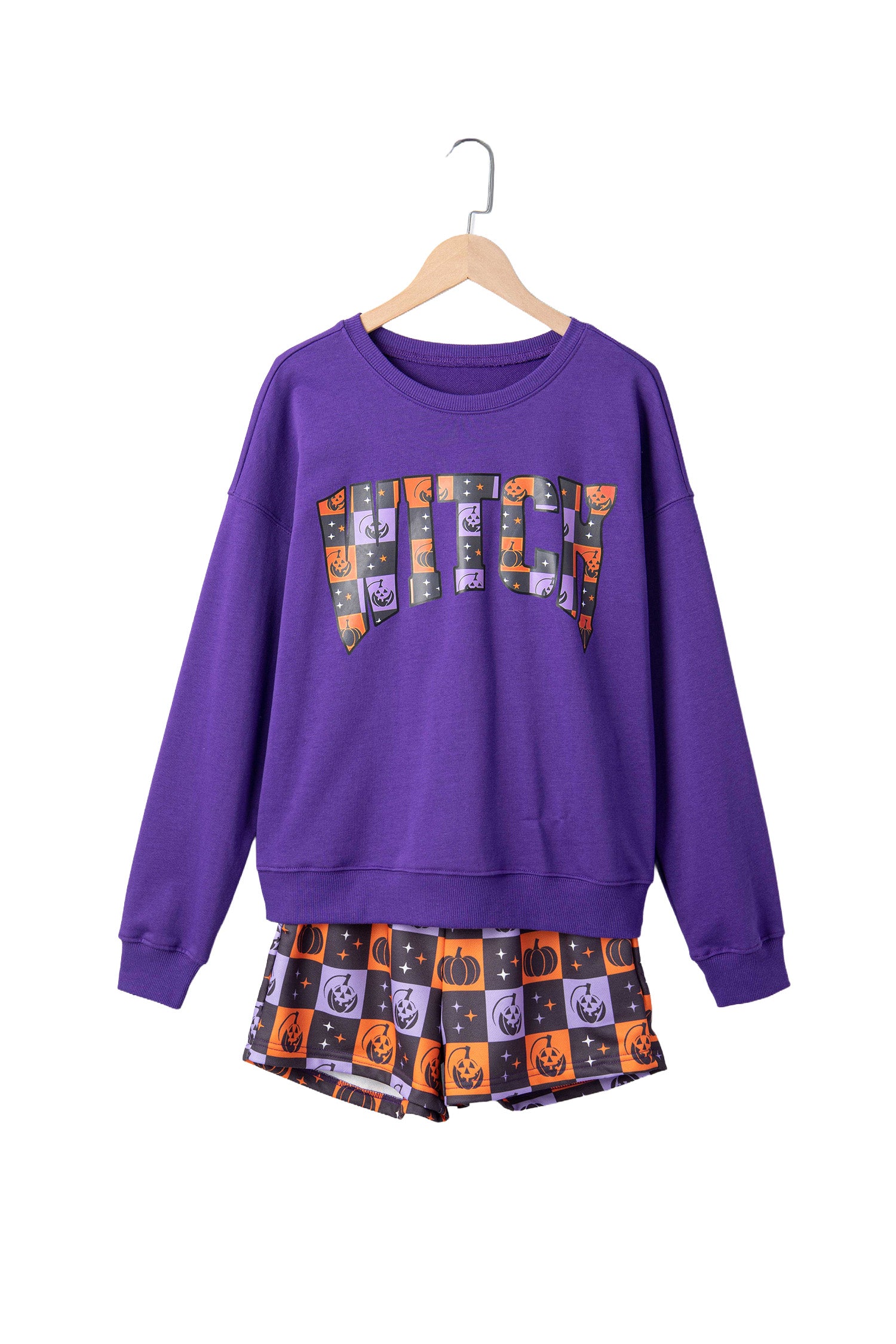Orange Witch Letter Print Long Sleeve Top Checkered Elastic Waist Shorts Set-Two Piece Sets/Short Sets-[Adult]-[Female]-2022 Online Blue Zone Planet