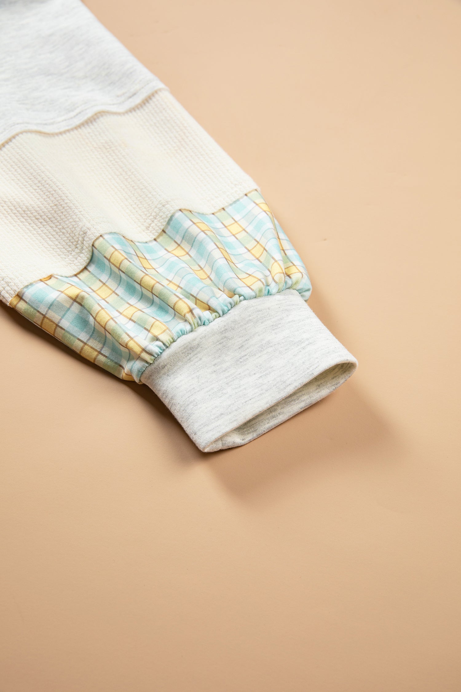 Light Blue Plaid Patchwork Round Neck Long Sleeve Top-Tops/Long Sleeve Tops-[Adult]-[Female]-2022 Online Blue Zone Planet