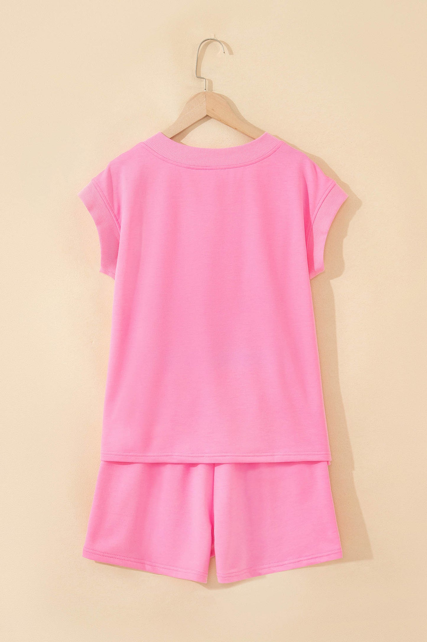 Sachet Pink V Neck Short Sleeve Top Drawstring Shorts 2pcs Set-Two Piece Sets/Short Sets-[Adult]-[Female]-2022 Online Blue Zone Planet