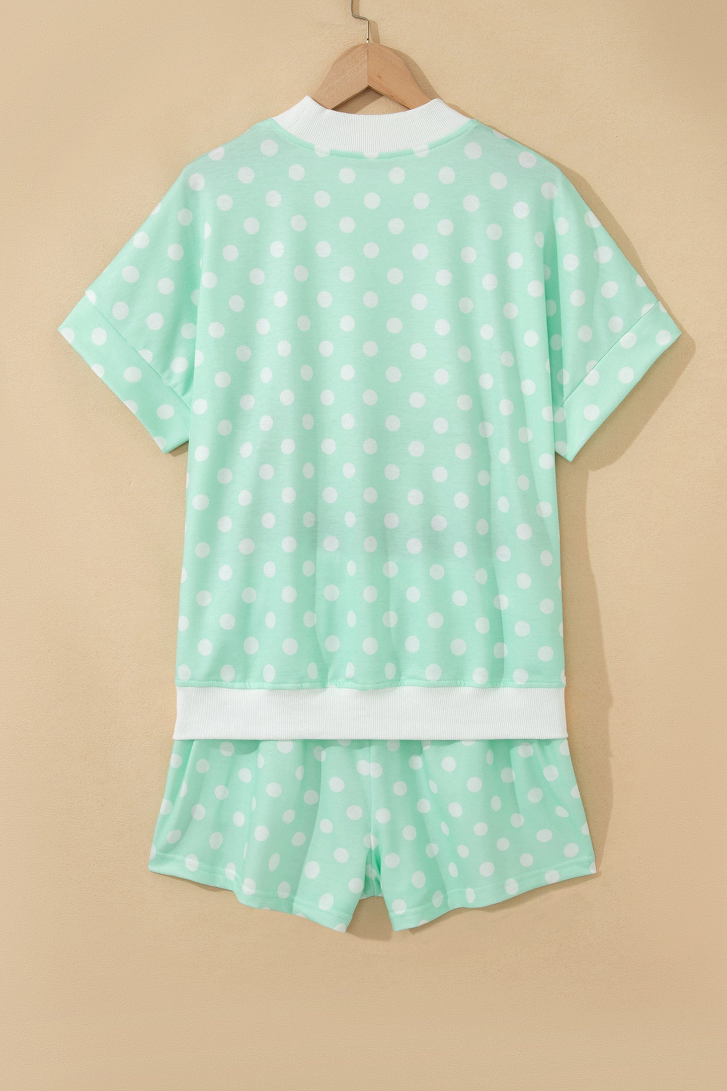 Sky Blue Polka Dot Print Color Block Trim Mock Neck Short Set-Two Piece Sets/Short Sets-[Adult]-[Female]-2022 Online Blue Zone Planet