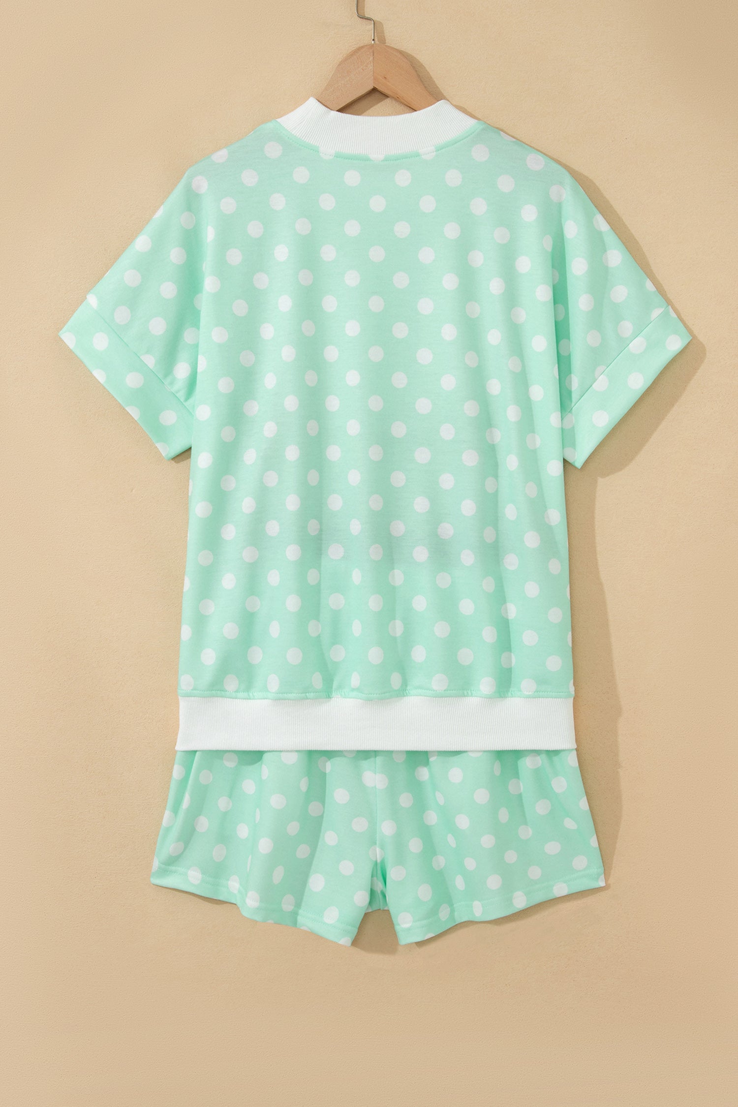 Sky Blue Polka Dot Print Color Block Trim Mock Neck Short Set-Two Piece Sets/Short Sets-[Adult]-[Female]-2022 Online Blue Zone Planet