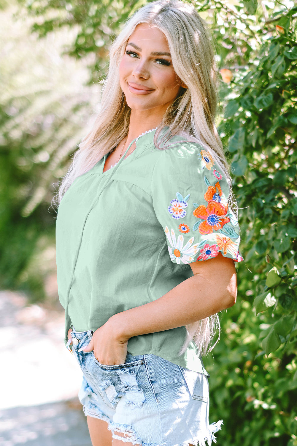 Clearly Aqua Floral Embroidered Puff Sleeve Split Neck Blouse-Tops/Blouses & Shirts-[Adult]-[Female]-2022 Online Blue Zone Planet