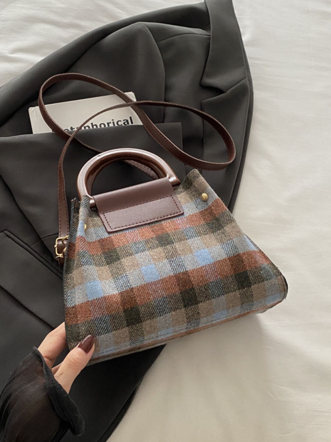 Blue Zone Planet | Contrast Plaid Trapezoid Shape Crossbody Bag-Handbags-[Adult]-[Female]-Brown-One Size-2022 Online Blue Zone Planet