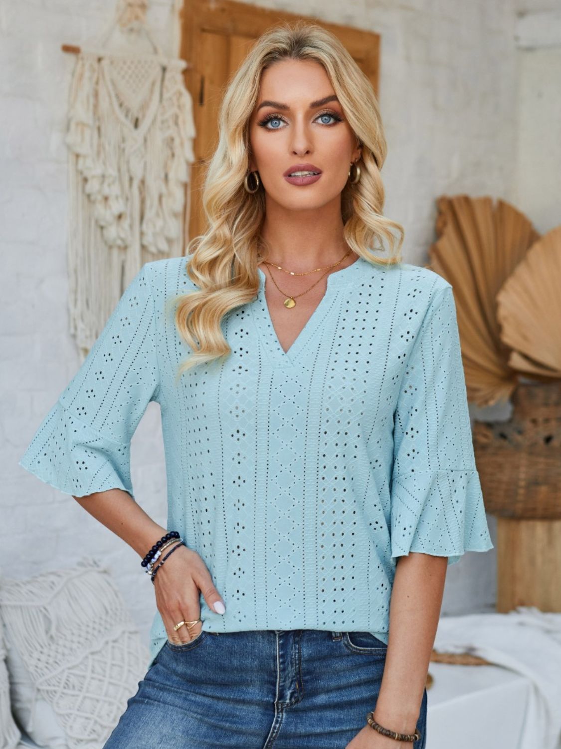 Eyelet Notched Half Sleeve T-Shirt-TOPS / DRESSES-[Adult]-[Female]-Light Blue-S-2022 Online Blue Zone Planet