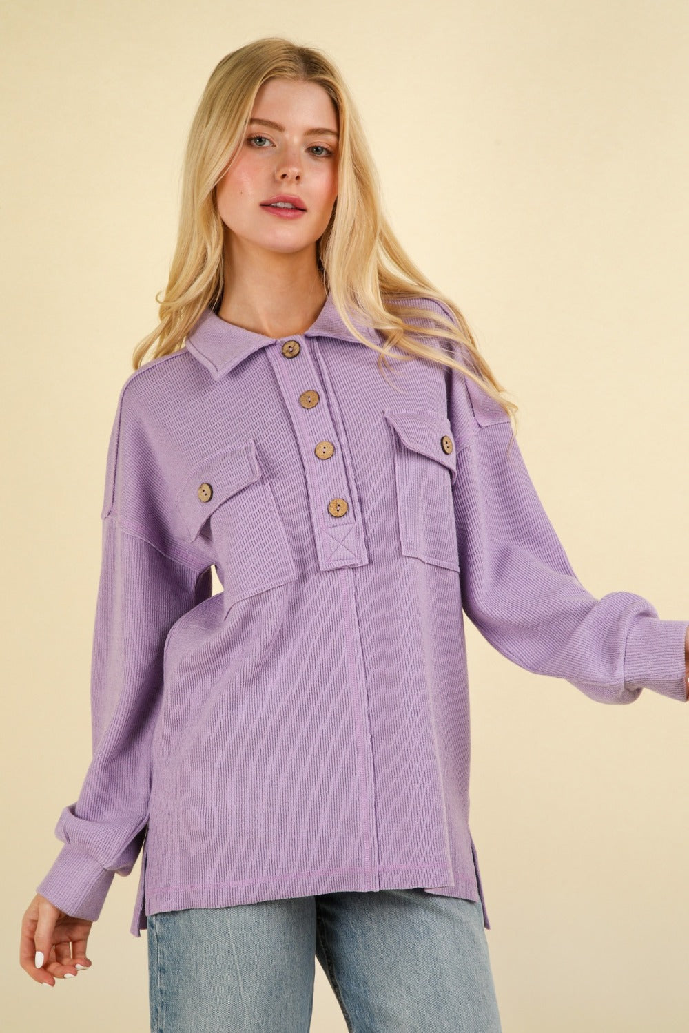 VERY J Collared Half Button Knit Top with Pockets-TOPS / DRESSES-[Adult]-[Female]-Orchid-S-2022 Online Blue Zone Planet