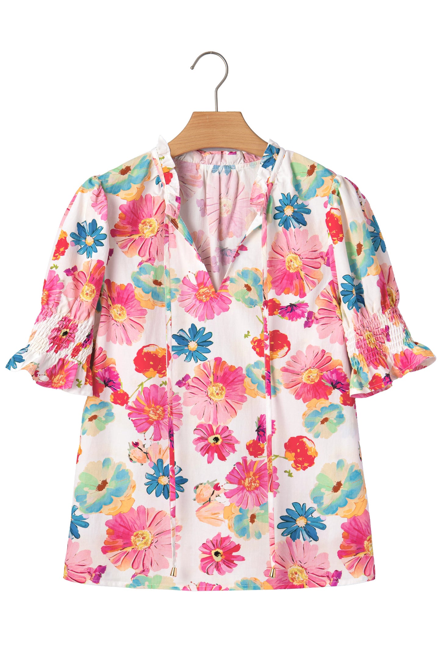 Beige Vibrant Summer Floral Tie V Neck Short Puff Sleeve Blouse-Tops/Blouses & Shirts-[Adult]-[Female]-2022 Online Blue Zone Planet