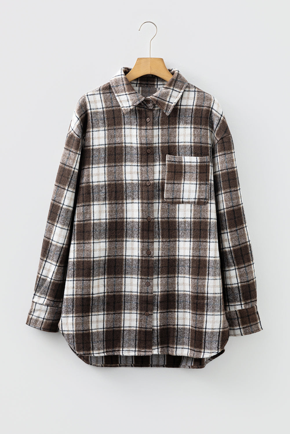 Dark Brown Flanel Plaid Single Chest Pocket Boyfriend Shacket-TOPS / DRESSES-[Adult]-[Female]-2022 Online Blue Zone Planet