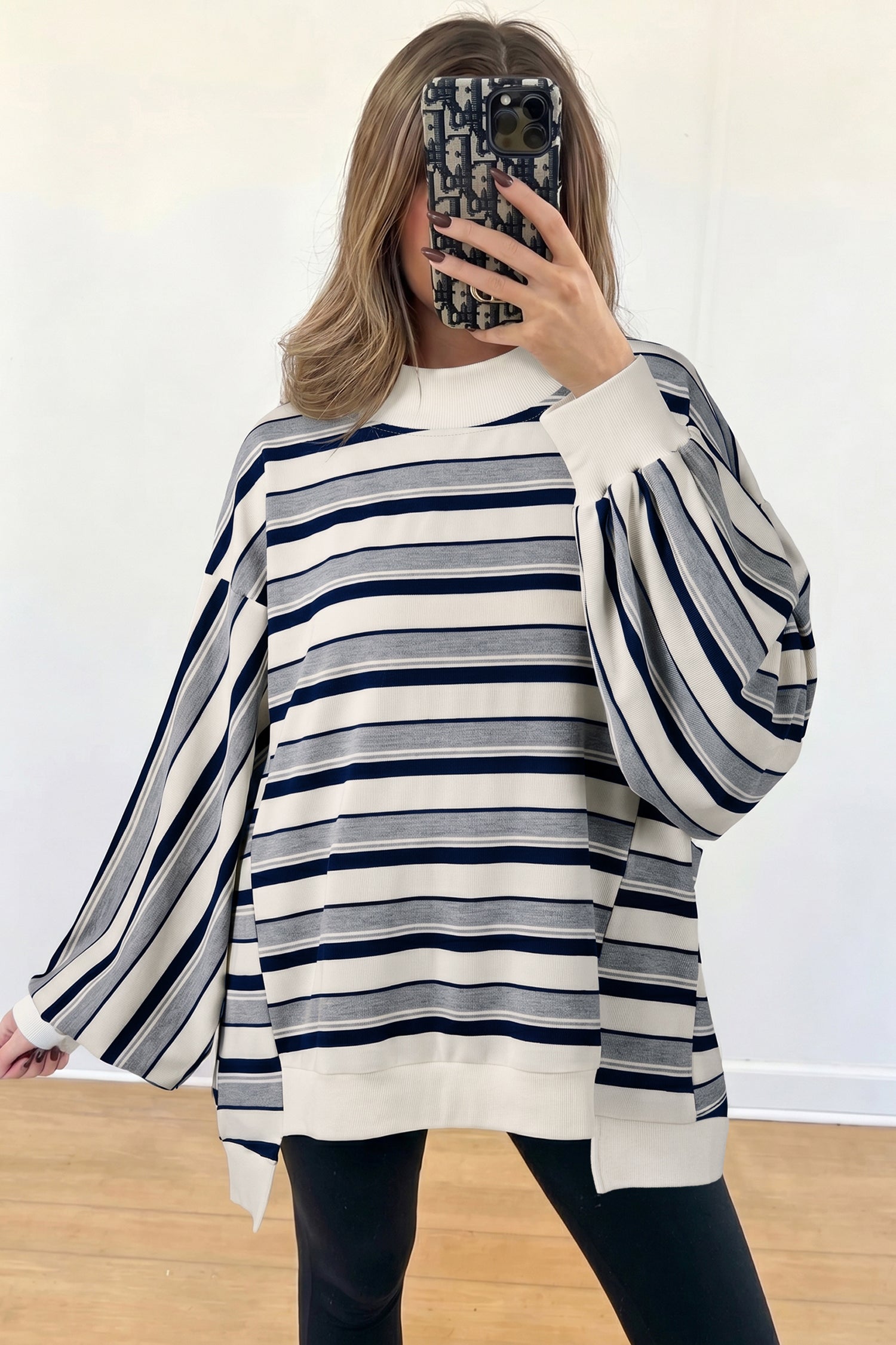 Blue Stripe Striped Ribbed Stand Neck Long Sleeve Shift Silhouette Sweatshirt-Tops/Sweatshirts & Hoodies-[Adult]-[Female]-2022 Online Blue Zone Planet