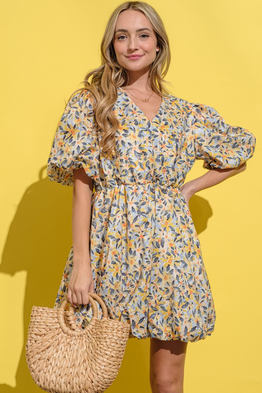 Blue Zone Planet | And The Why Full Size Floral Surplice Puff Sleeve Dress-TOPS / DRESSES-[Adult]-[Female]-2022 Online Blue Zone Planet