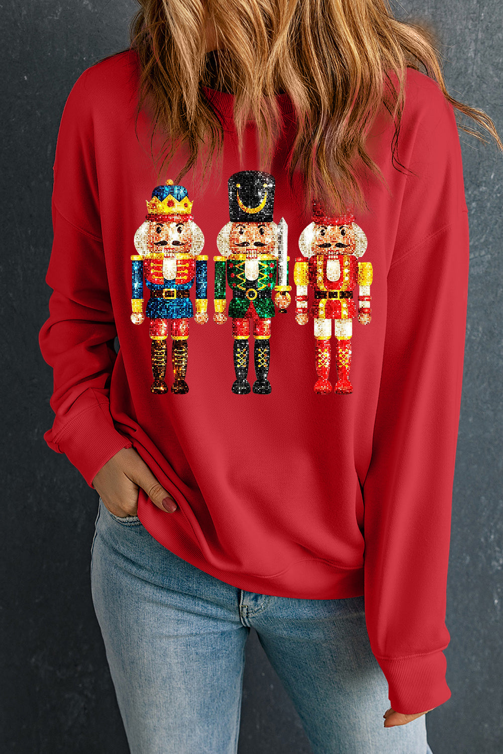 Blue Zone Planet | Red Christmas Metallic Nutcracker Graphic Crew Neck Sweatshirt-Graphic/Graphic Sweatshirts-[Adult]-[Female]-2022 Online Blue Zone Planet