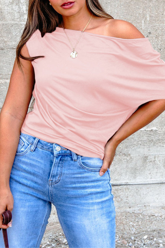 Gossamer Pink Plus Size Solid Color Asymmetric Neck Short Sleeve Blouse-Plus Size/Plus Size Tops/Plus Size Tops & Tees-[Adult]-[Female]-Gossamer Pink-L-2022 Online Blue Zone Planet