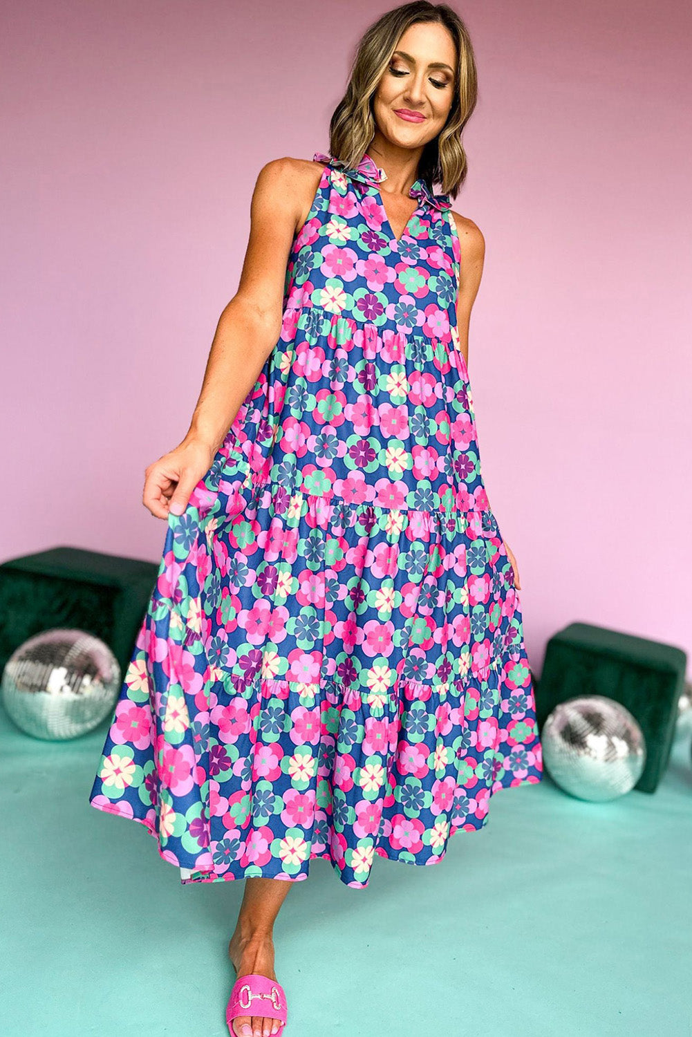 Blue Zone Planet | Blue Floral Print Frilly Neck Sleeveless Tiered Maxi Dress-TOPS / DRESSES-[Adult]-[Female]-2022 Online Blue Zone Planet