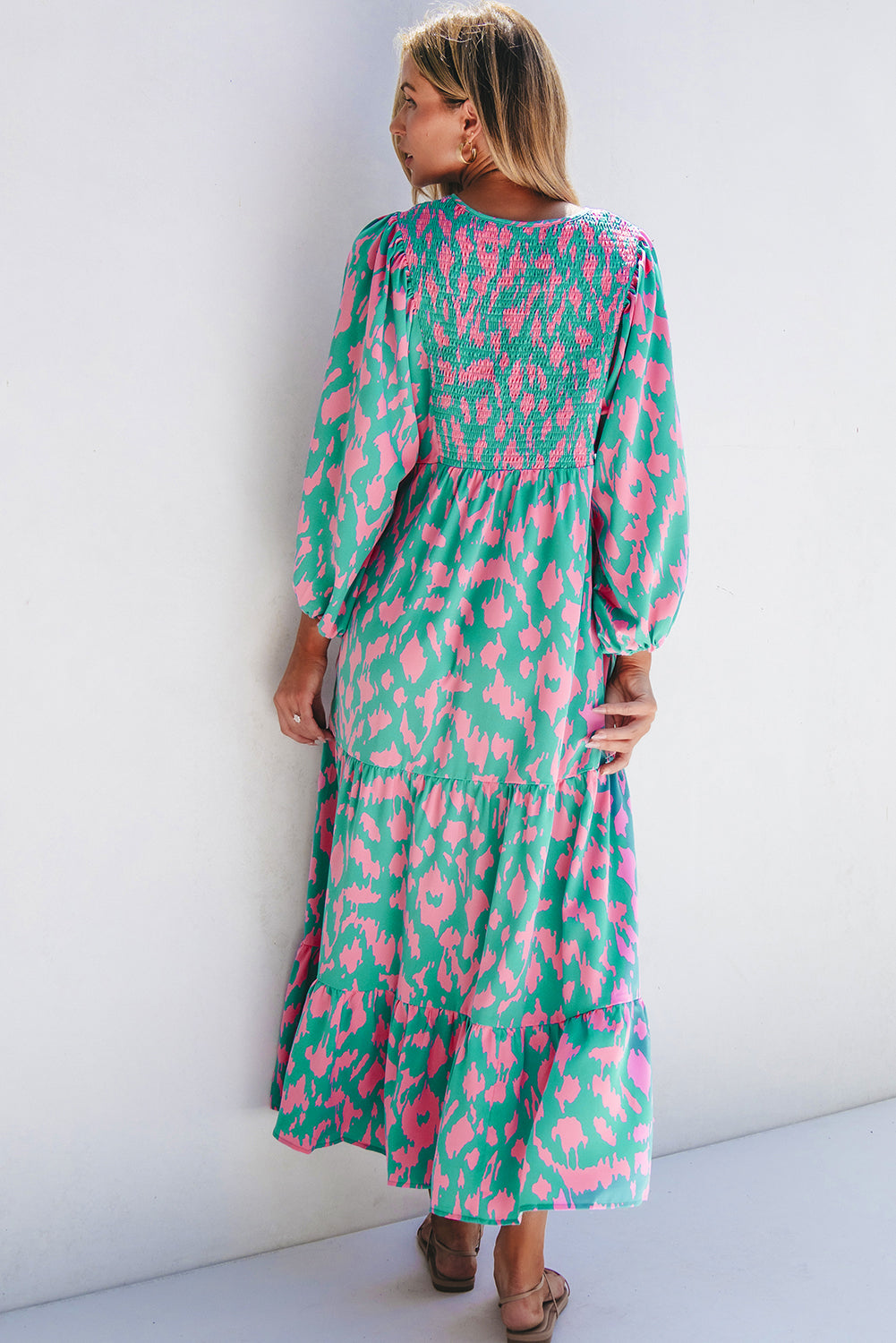 Blue Zone Planet | Green Abstract Print Puff Sleeve Tied Notched Neck Long Dress-TOPS / DRESSES-[Adult]-[Female]-2022 Online Blue Zone Planet