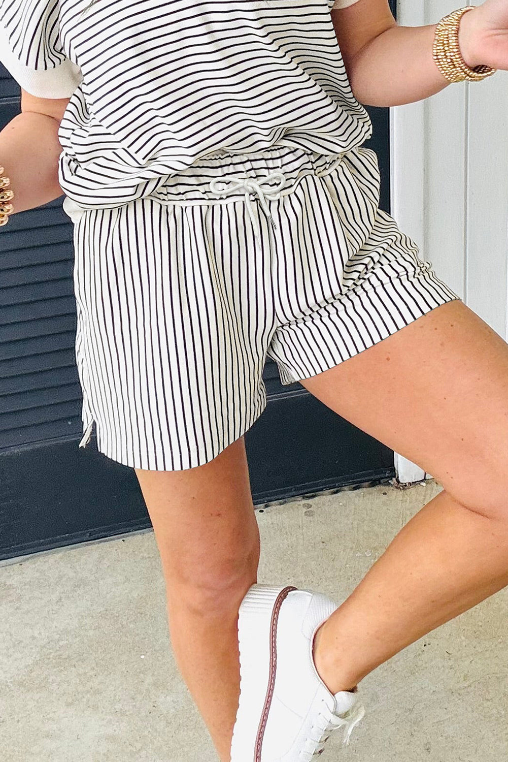 Black Stripe V Neck Tee and Casual Short Set-Two Piece Sets/Short Sets-[Adult]-[Female]-2022 Online Blue Zone Planet