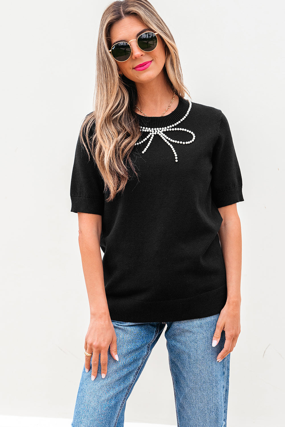 Black Pearl Bow Necklace Embellished Short Sleeve Knitted T Shirt-Sweaters & Cardigans/Short Sleeve Sweaters-[Adult]-[Female]-2022 Online Blue Zone Planet