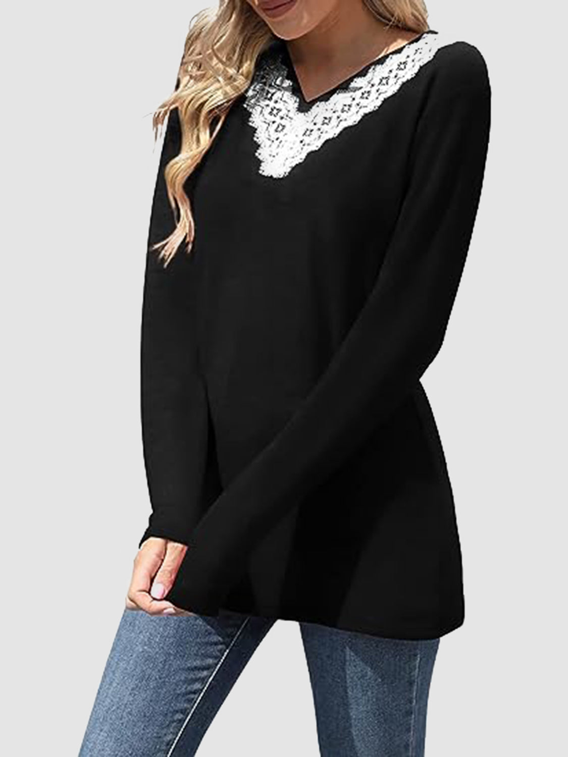 Lace Detail V-Neck Long Sleeve T-Shirt-TOPS / DRESSES-[Adult]-[Female]-2022 Online Blue Zone Planet