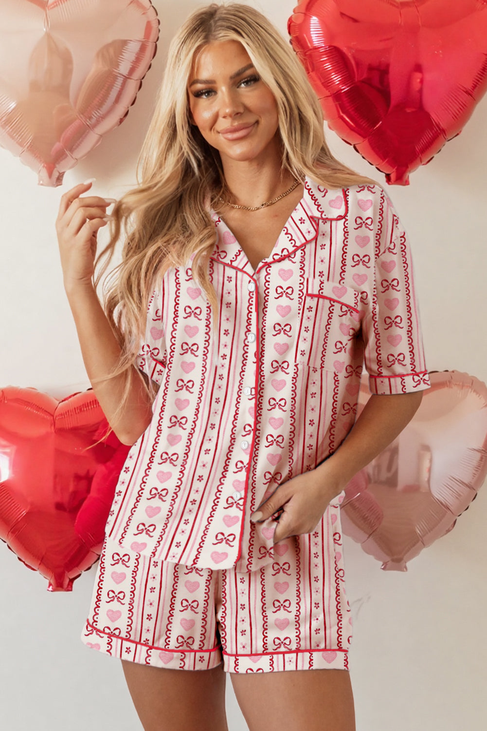 Red Cute Valentine Bow Heart Print Ribbon Decor Pajama Set-Loungewear Set-[Adult]-[Female]-2022 Online Blue Zone Planet