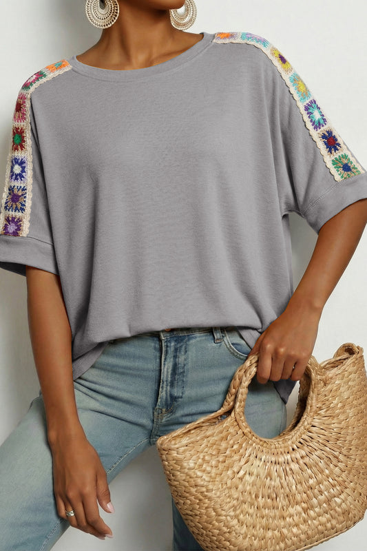 Light Grey Granny Square Crochet Detail Loose T Shirt-Tops/Tops & Tees-[Adult]-[Female]-Light Grey-S-2022 Online Blue Zone Planet