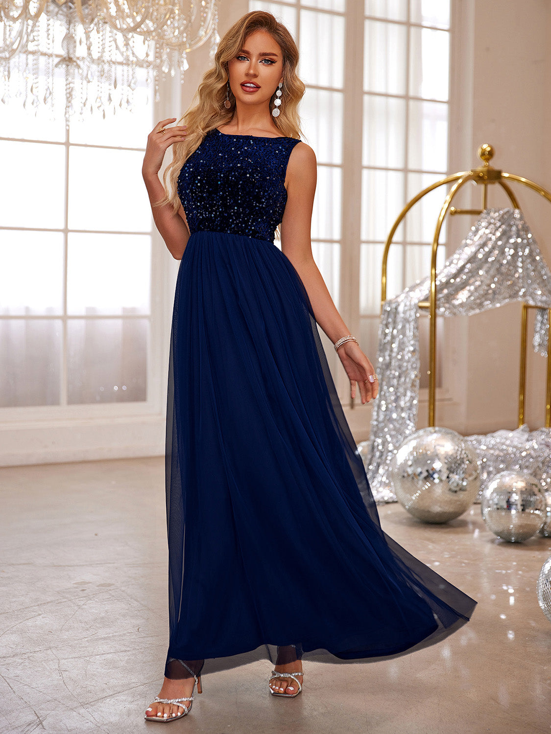 Blue Zone Planet |  Aurora Twilight Dress Sequin Round Neck Sleeveless Maxi Dress BLUE ZONE PLANET