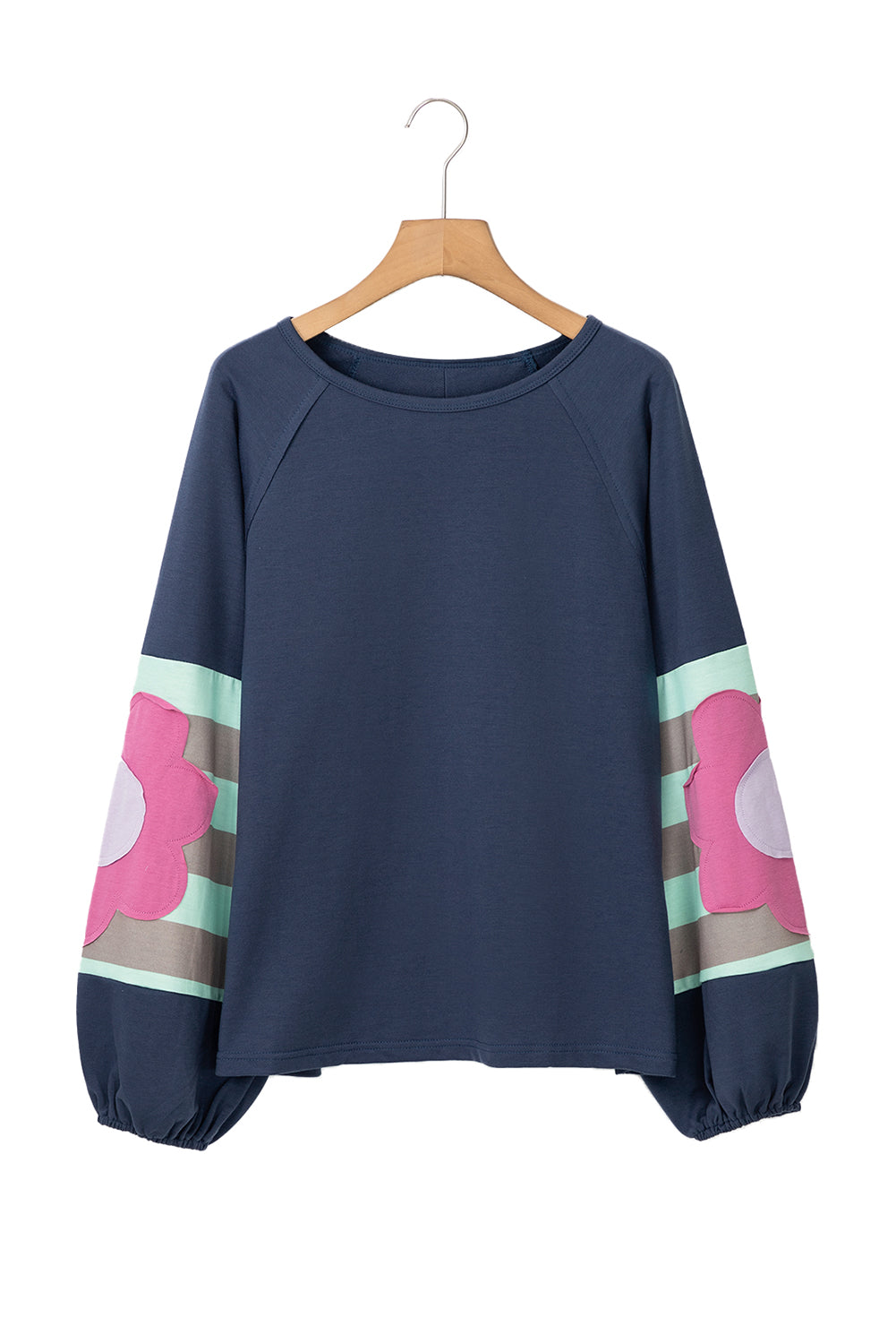 Blue Zone Planet | Smoke Green Flower Patchwork Exposed Seam Raglan Sleeve Top-Long Sleeve Tops-[Adult]-[Female]-2022 Online Blue Zone Planet