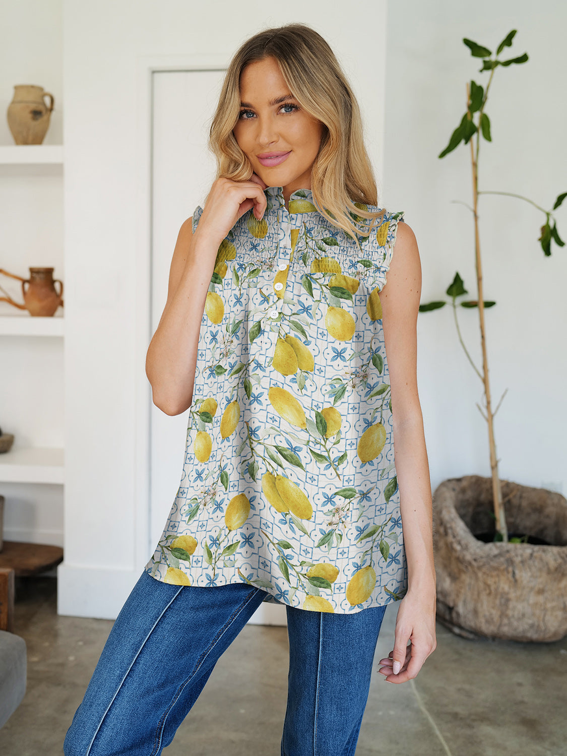 Blue Zone Planet | FAM-FAM Frill Printed Mock Neck Top-TOPS / DRESSES-[Adult]-[Female]-Yellow-Green-S-2022 Online Blue Zone Planet