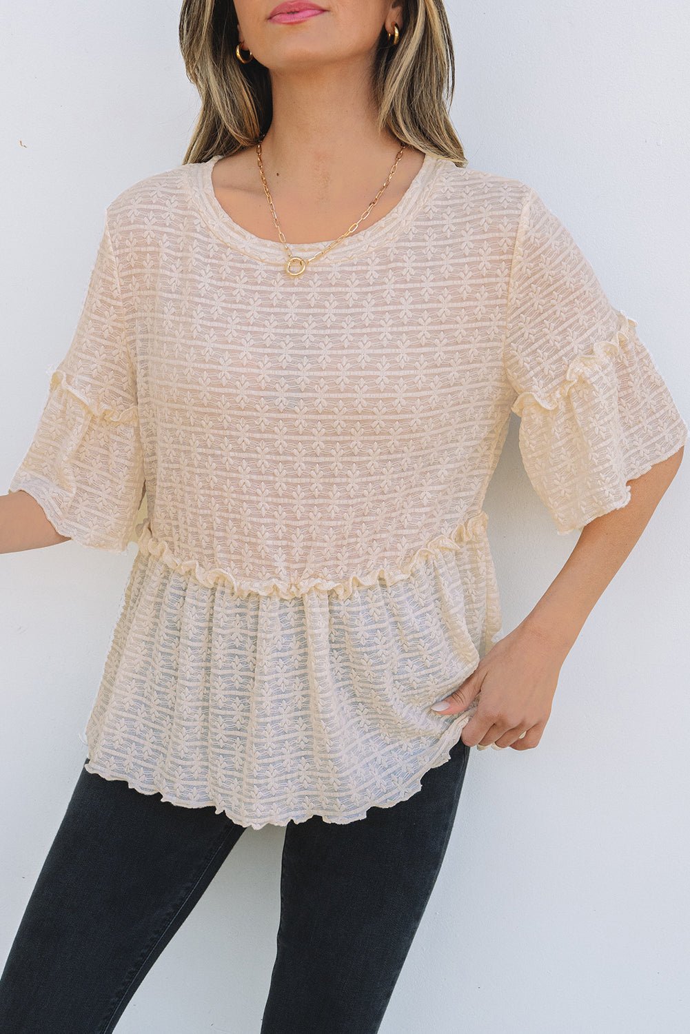 Beige Solid Color Textured Ruffled Short Sleeve Blouse-Tops/Blouses & Shirts-[Adult]-[Female]-2022 Online Blue Zone Planet