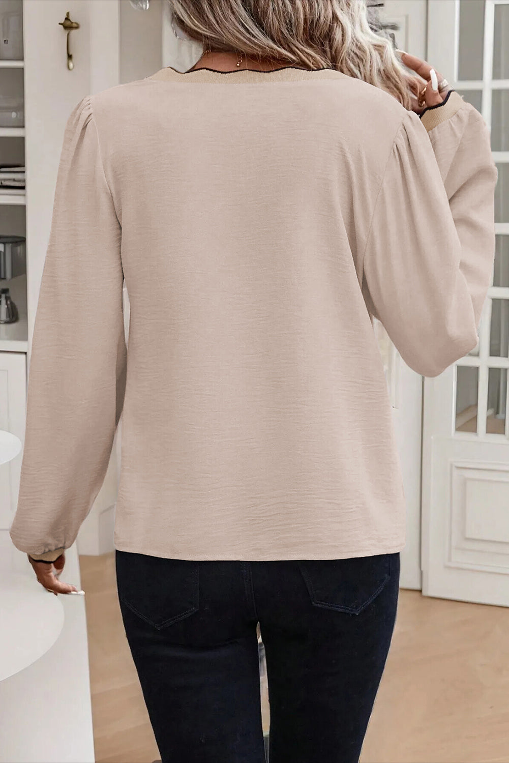 Jet Stream Contrast Scallop Trim V Neck Long Sleeve Blouse-Tops/Blouses & Shirts-[Adult]-[Female]-2022 Online Blue Zone Planet