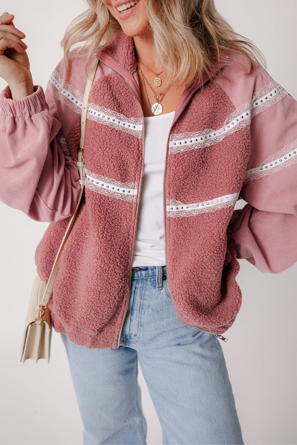 Blue Zone Planet | Lace Detail Zip Up Sherpa Patchwork Jacket-TOPS / DRESSES-[Adult]-[Female]-Dusty Pink-S-2022 Online Blue Zone Planet