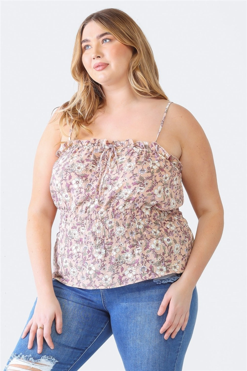 Blue Zone Planet | Zenobia Plus Size Frill Floral Square Neck Cami-TOPS / DRESSES-[Adult]-[Female]-Mauve-1XL-2022 Online Blue Zone Planet