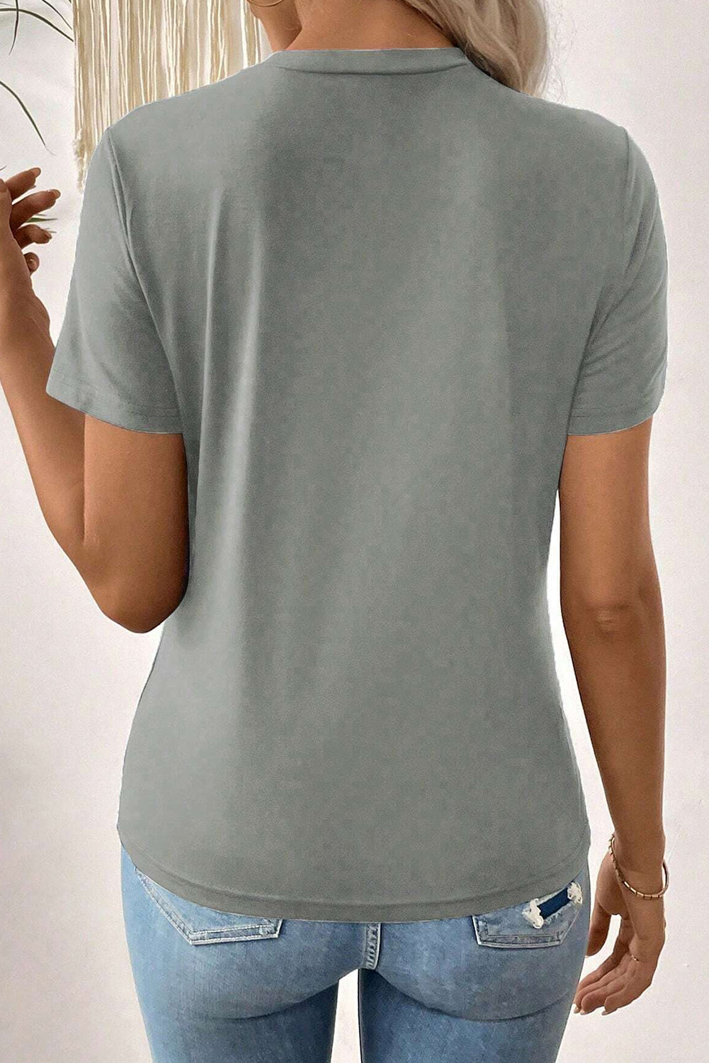Medium Grey Solid Color Toothpick Stripe Round Neck T Shirt-Tops/Tops & Tees-[Adult]-[Female]-2022 Online Blue Zone Planet