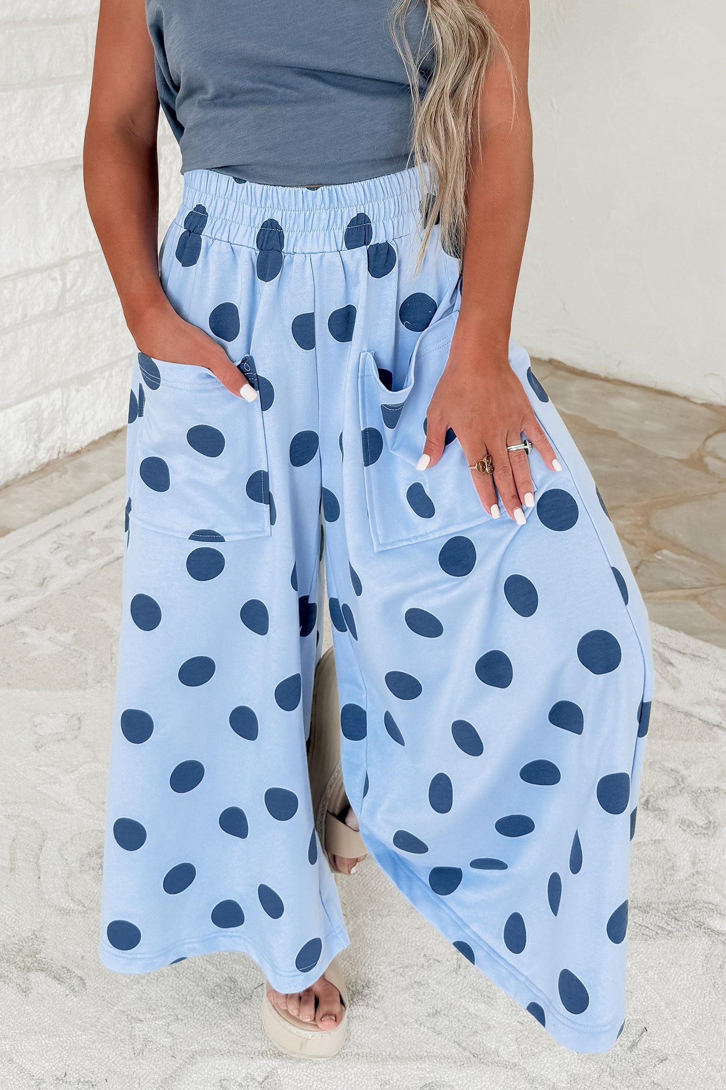 Sky Blue Polka Dot Wide Leg Elastic Waist Casual Pants-Bottoms/Pants & Culotte-[Adult]-[Female]-2022 Online Blue Zone Planet