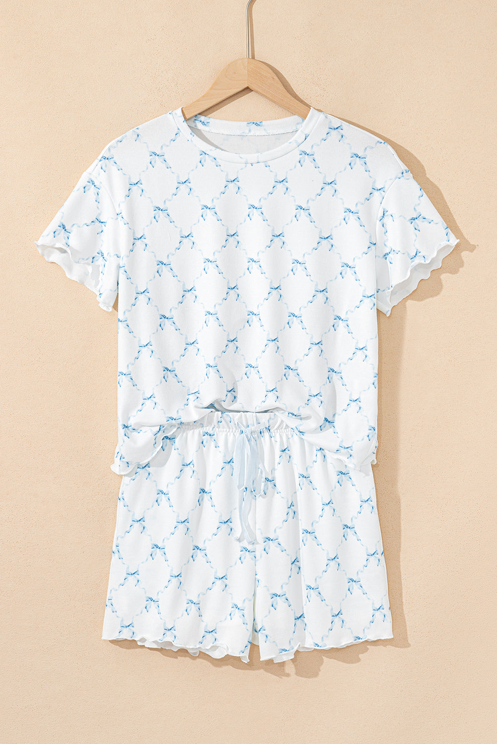 Sky Blue Bow Knot Geometric Print Lettuce Trim Two Piece Lounge Set-Loungewear & Sleepwear/Loungewear-[Adult]-[Female]-2022 Online Blue Zone Planet