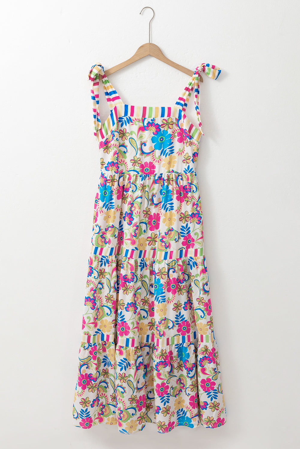 Blue Zone Planet | Rose Red Striped Trim Self-tie Straps Floral Maxi Dress-TOPS / DRESSES-[Adult]-[Female]-2022 Online Blue Zone Planet