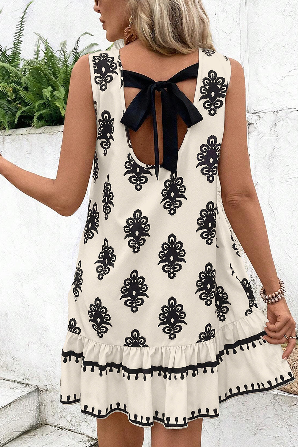 Beige Geometric Printed Sleeveless Hollowed Bowknot Back Mini Dress-TOPS / DRESSES-[Adult]-[Female]-Beige-S-2022 Online Blue Zone Planet