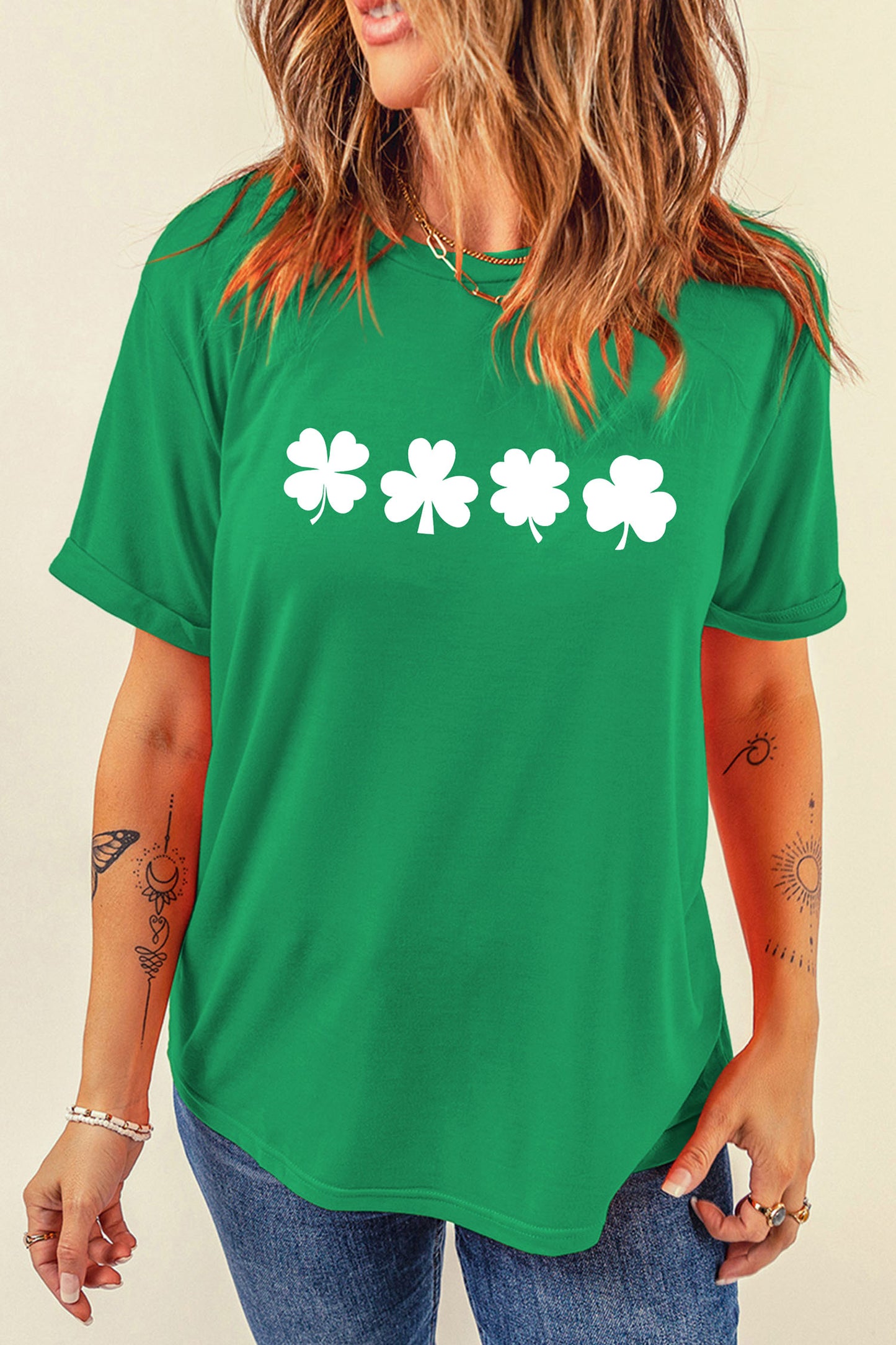 Bright Green St Patricks Day Clover Printed Casual T Shirt-Graphic/Graphic Tees-[Adult]-[Female]-2022 Online Blue Zone Planet