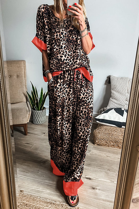 Brown Animal Print Color Contrast Edge Loose Fit Pants Set-Two Piece Sets/Pant Sets-[Adult]-[Female]-2022 Online Blue Zone Planet