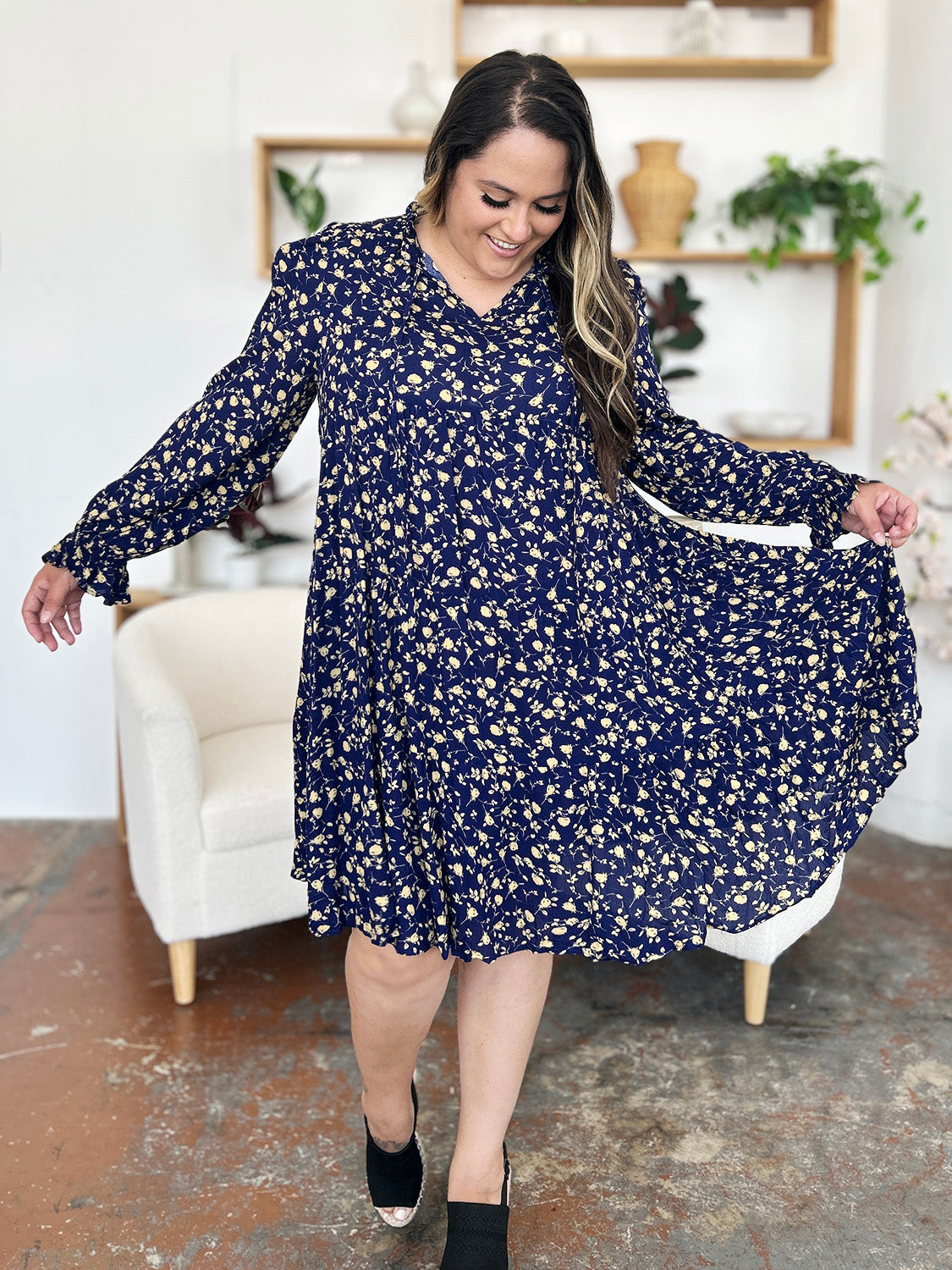 Double Take Full Size Printed Ruffle Hem Long Sleeve Tiered Dress-TOPS / DRESSES-[Adult]-[Female]-2022 Online Blue Zone Planet