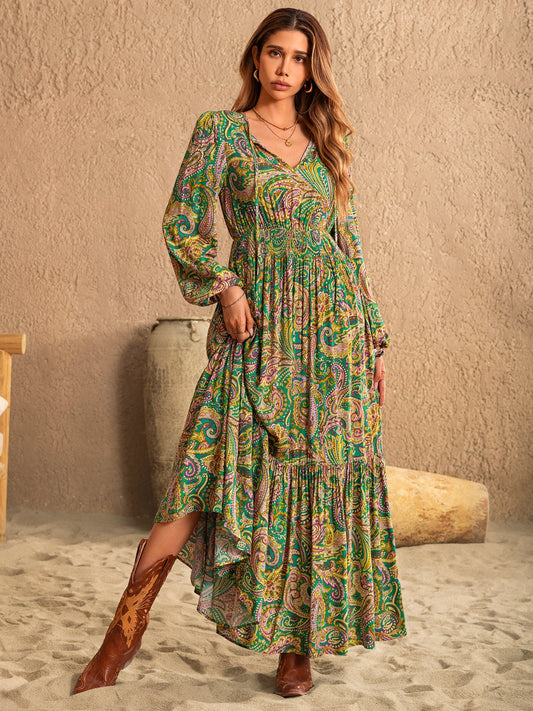 Blue Zone Planet | Printed Tie Neck Long Sleeve Dress-TOPS / DRESSES-[Adult]-[Female]-Matcha Green-S-2022 Online Blue Zone Planet