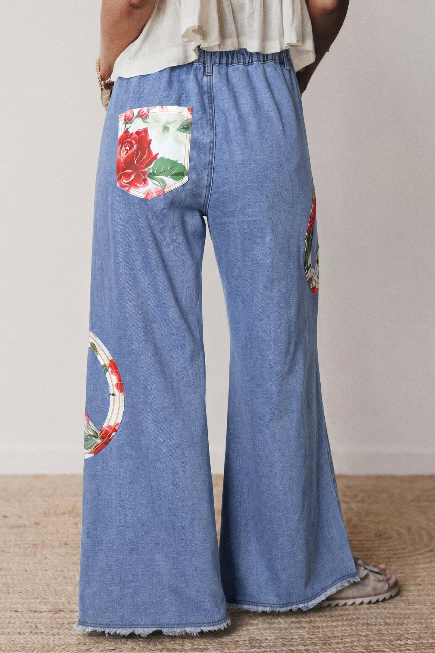 Myosotis Floral Peace Sign Embroidered Patch Wide Leg Jeans-Bottoms/Jeans-[Adult]-[Female]-2022 Online Blue Zone Planet