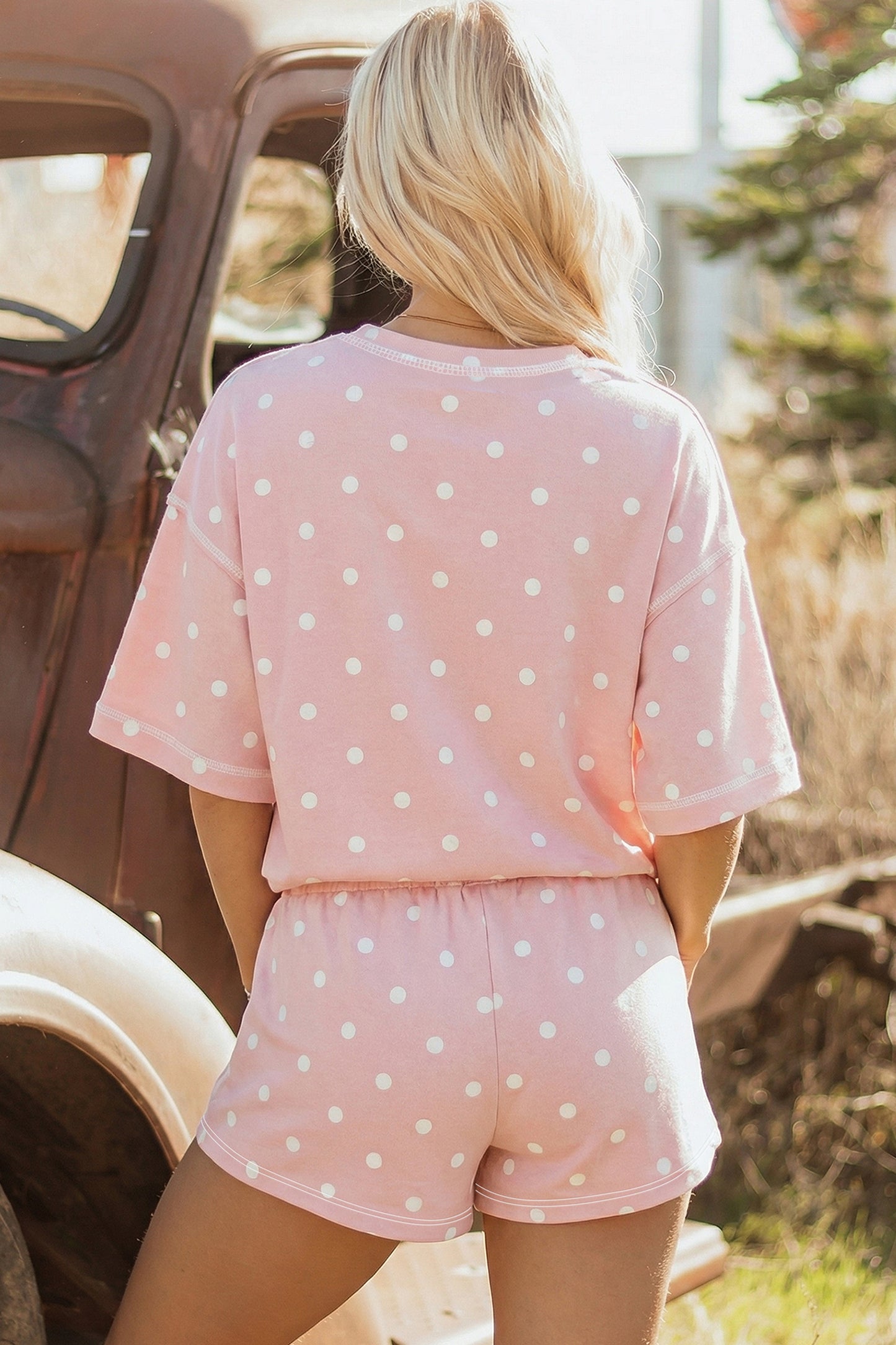 White Exposed Seam Detail Polka Dot Loose Tee Drawstring Shorts Set-Two Piece Sets/Short Sets-[Adult]-[Female]-2022 Online Blue Zone Planet