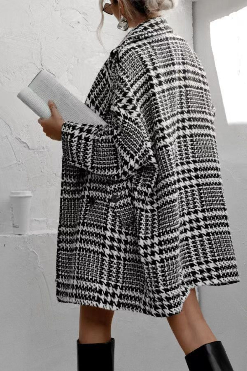 Blue Zone Planet | Houndstooth Collared Neck Long Sleeve Coat-TOPS / DRESSES-[Adult]-[Female]-2022 Online Blue Zone Planet