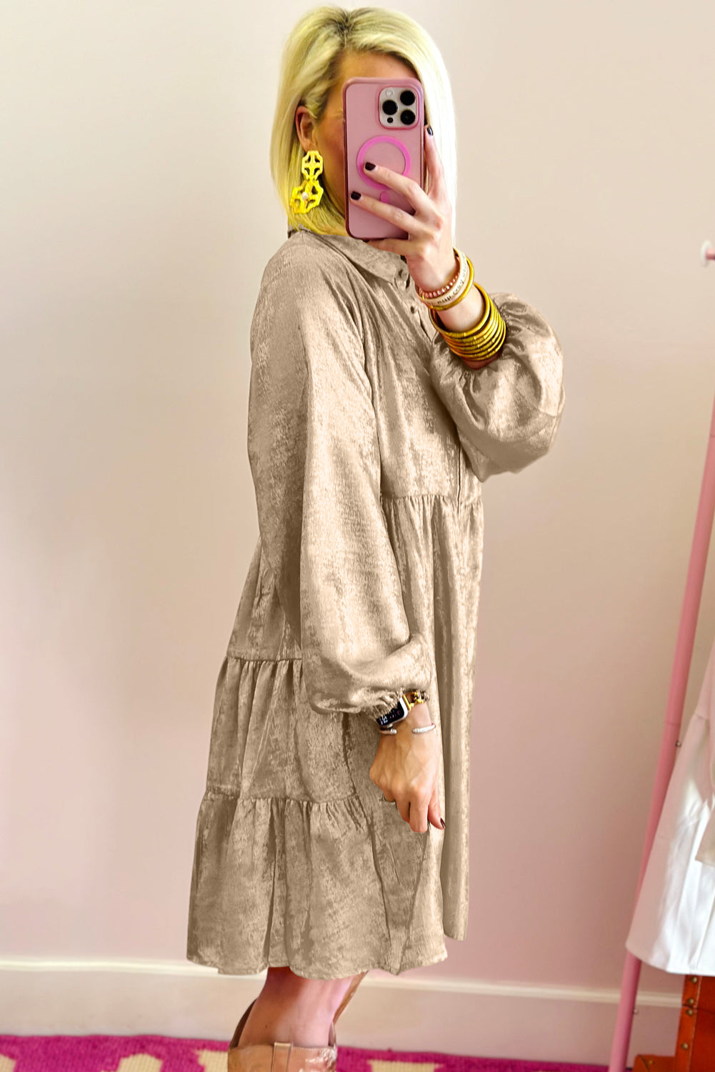 Apricot Metallic Sheen Puff Sleeve Button Up Mini Shirt Dress-Dresses/Mini Dresses-[Adult]-[Female]-2022 Online Blue Zone Planet